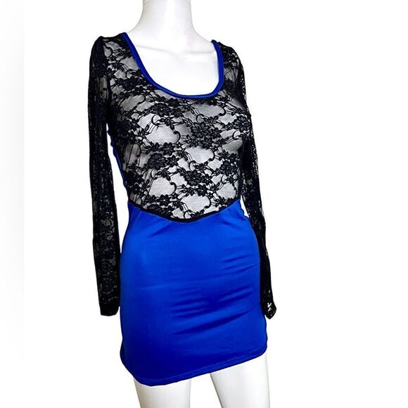 Lace Long Sleeve Mini Dress Black and Blue Size Small - Picture 1 of 3
